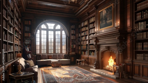 A spacious library with high wooden bookshelves, a large fireplace