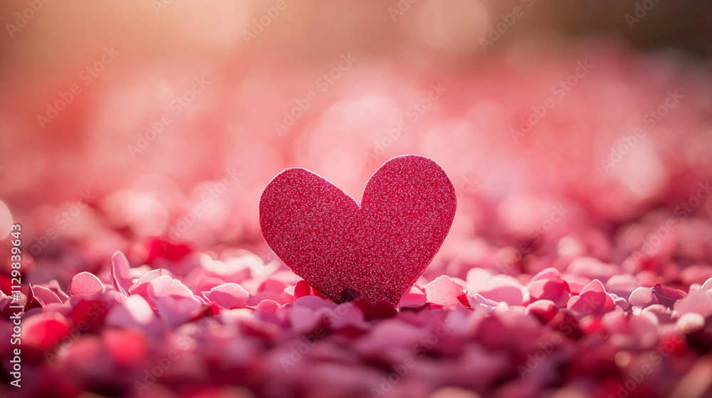 Bright pink heart decoration among rose petals for Valentine's Day celebration Bright pink heart decoration among rose petals for Valentine's Day celebration
