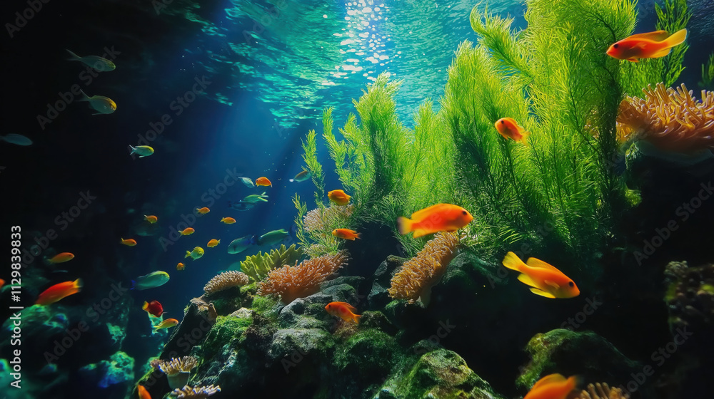Obraz premium Beautiful Underwater Scenery with Various Types of Fish, Coral Reefs, and Green Plants