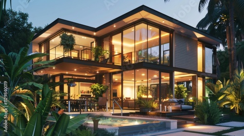 Wallpaper Mural A stylish modern villa at twilight with bright interior lights visible through expansive windows, a hot tub on the patio Torontodigital.ca