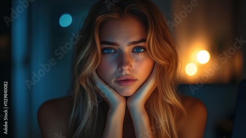 Wallpaper Mural Portrait of a young woman with a thoughtful expression, resting her face in her hands, illuminated by soft ambient lighting. Torontodigital.ca