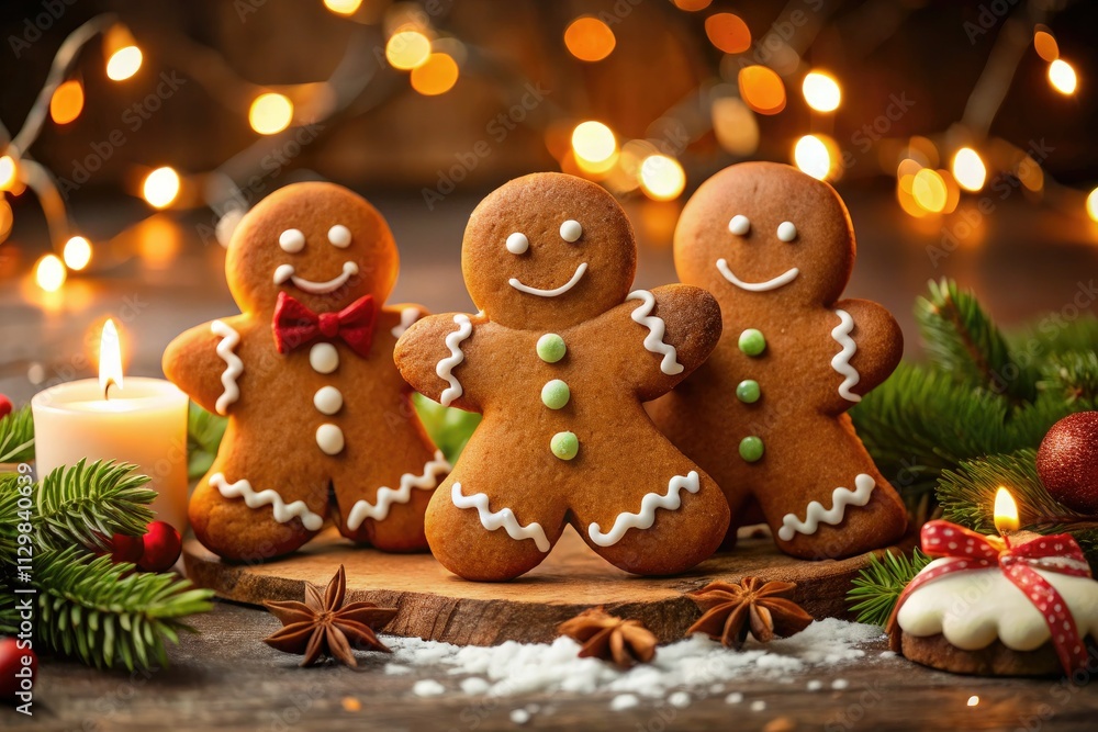 Smiling gingerbread men, adorned with white icing, shine brightly in low-light holiday photography. Smiling gingerbread men, adorned with white icing, shine brightly in low-light holiday photography.
