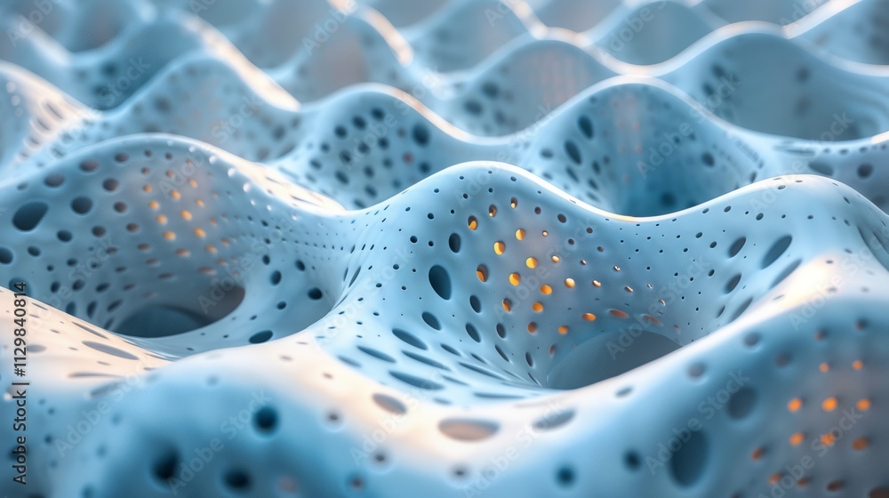 Abstract 3D rendering of a porous, undulating surface with glowing inner details. Abstract 3D rendering of a porous, undulating surface with glowing inner details.