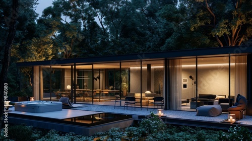 Wallpaper Mural A stylish villa at night with large glass walls and minimalist architecture. The patio features a hot tub and elegant outdoor seating, surrounded by lush greenery. Ultra-detailed Torontodigital.ca