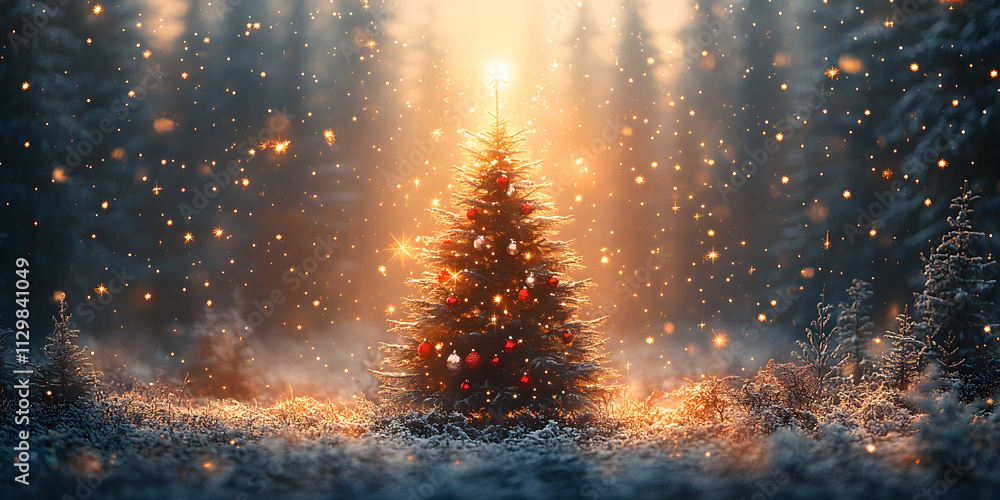 A Christmas tree with red ornaments and a fireplace in the background A Christmas tree with red ornaments and a fireplace in the background