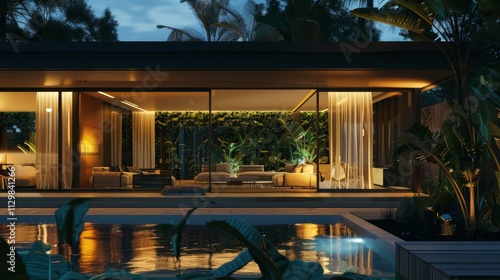 Wallpaper Mural A stylish villa glowing at night, showcasing an open-plan living area through large windows. The patio includes a luxurious outdoor pool and is surrounded by vibrant foliage. Ultra-detailed Torontodigital.ca