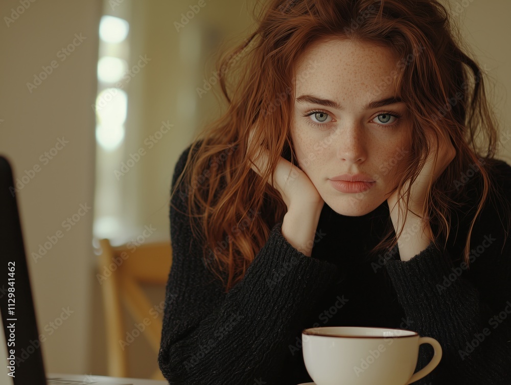 Red-haired young woman sitting at a table with a coffee cup, resting her face on her hands Red-haired young woman sitting at a table with a coffee cup, resting her face on her hands