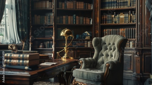 Wallpaper Mural A traditional home library with dark wooden shelves, a high-backed armchair Torontodigital.ca