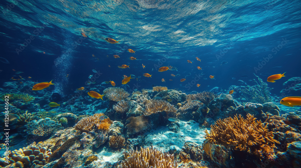 Fototapeta premium Beautiful Underwater Scenery with Various Types of Fish and Coral Reefs