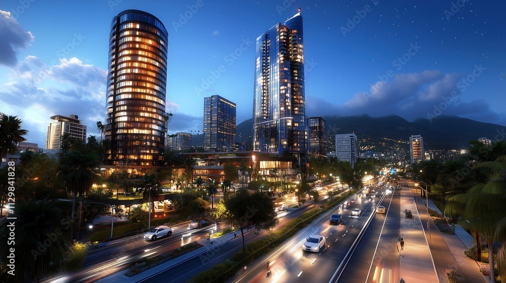 Fototapeta premium Night View of Modern Cityscape with Illuminated Skyscrapers and Busy Road at Dusk