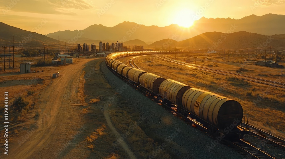 Scenic view of a train traveling through picturesque mountains at sunset. Scenic view of a train traveling through picturesque mountains at sunset.