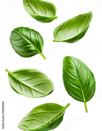 Falling chopped basil isolated on white background with full depth of field emphasizing fragrant green leaves and natural beauty always.