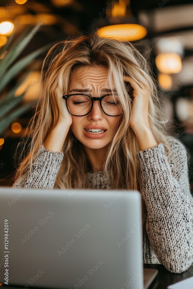 Distressed woman holding her head while sitting in front of a laptop in a cozy indoor setting, wearing glasses and a knitted sweater Distressed woman holding her head while sitting in front of a laptop in a cozy indoor setting, wearing glasses and a knitted sweater