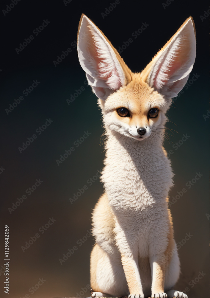Cute little fennec fox with dark eyes, posing on a dark background Cute little fennec fox with dark eyes, posing on a dark background