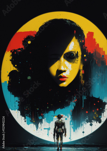 Woman in the sky with young person approaching them in the style of idolizing someone like an influencer