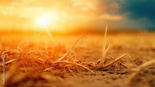 Golden Sunset Over Dry Grassland in Clear Summer Sky