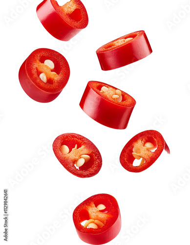 Falling chopped chili pepper isolated on white background with full depth of field with fiery red spice and intense flavor always found.