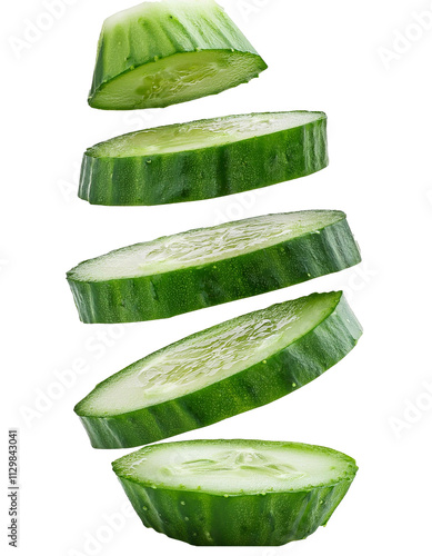 Falling chopped cucumber isolated on white background with full depth of field with vibrant green crunch and natural beauty always.