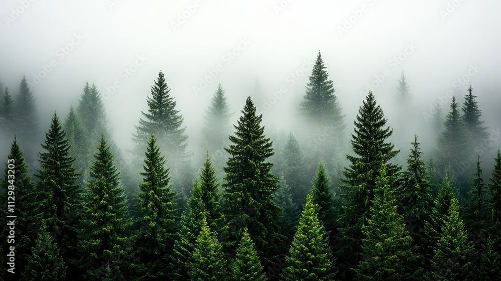 A serene landscape of evergreen trees shrouded in mist, showcasing nature's tranquility. A serene landscape of evergreen trees shrouded in mist, showcasing nature's tranquility.