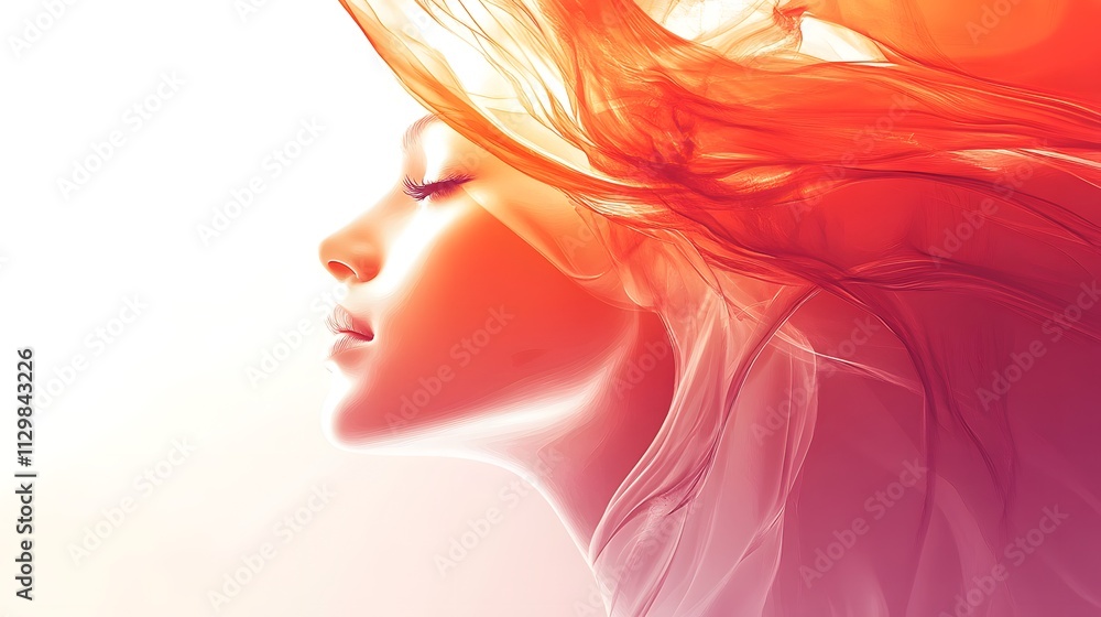 Serene Woman Profile Enveloped In Flowing Orange Fabric Serene Woman Profile Enveloped In Flowing Orange Fabric