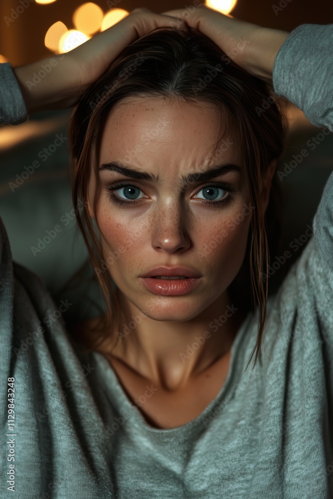 Close-up portrait of a distressed young woman with freckles and dark hair, holding her head with both hands Close-up portrait of a distressed young woman with freckles and dark hair, holding her head with both hands