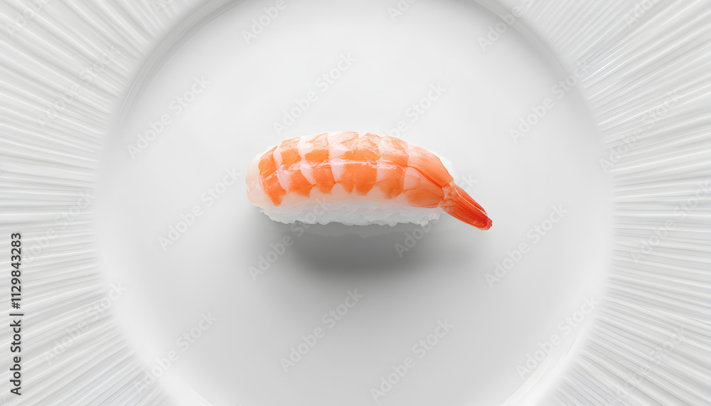 A single piece of sushi, specifically shrimp nigiri, presented on a white plate. A single piece of sushi, specifically shrimp nigiri, presented on a white plate.
