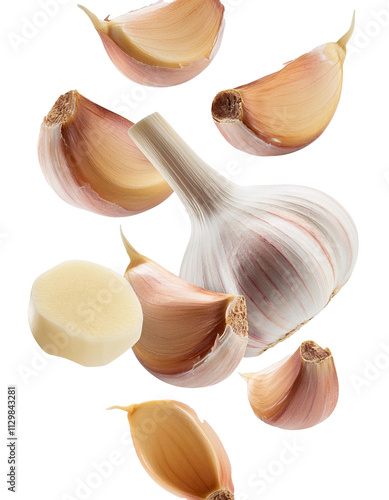 Falling chopped garlic isolated on white background with full depth of field with aromatic and savory tones and natural appeal always found.