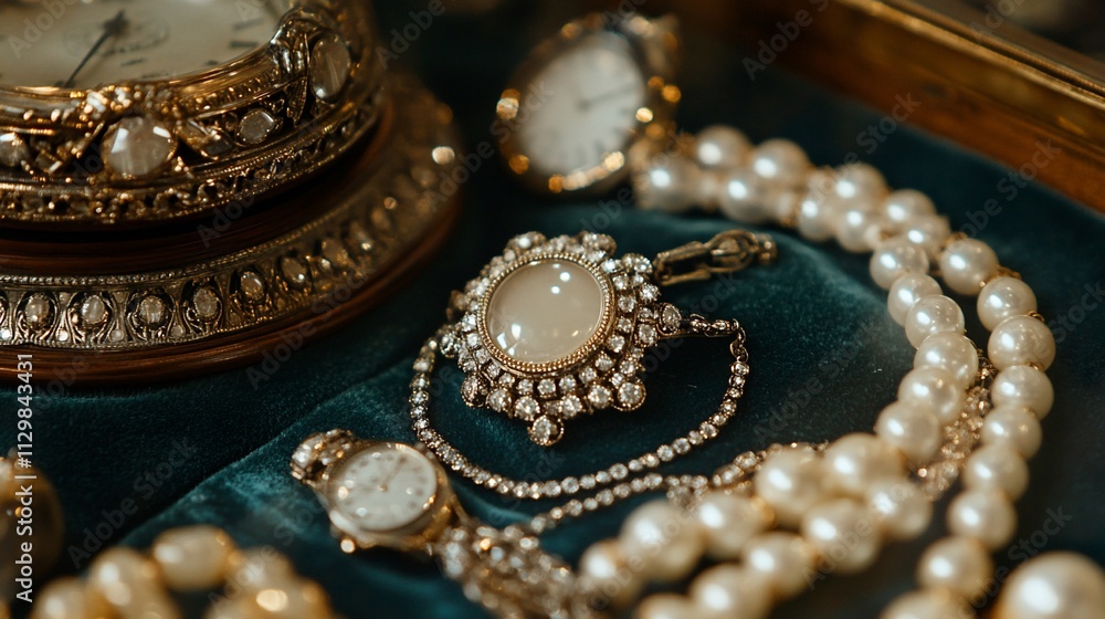 Antique jewelry, watches, and pearls on velvet. Antique jewelry, watches, and pearls on velvet.