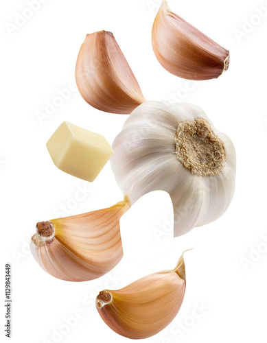Falling chopped garlic isolated on white background with full depth of field with aromatic and savory tones and natural appeal always seen.