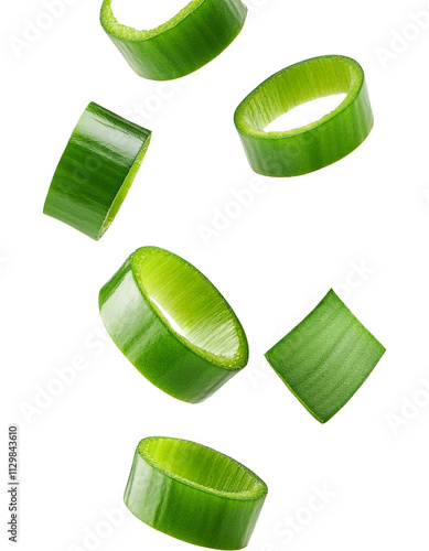 Falling chopped green onion isolated on white background with full depth of field showcasing fresh and vibrant appeal and natural beauty always found.