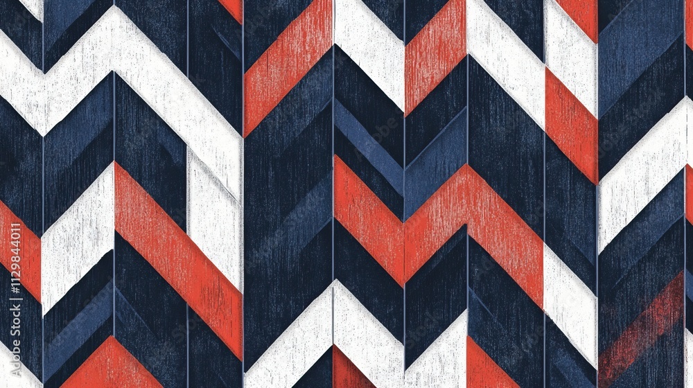 Abstract Geometric Chevron Pattern in Red, White, and Dark Blue on Wood Abstract Geometric Chevron Pattern in Red, White, and Dark Blue on Wood