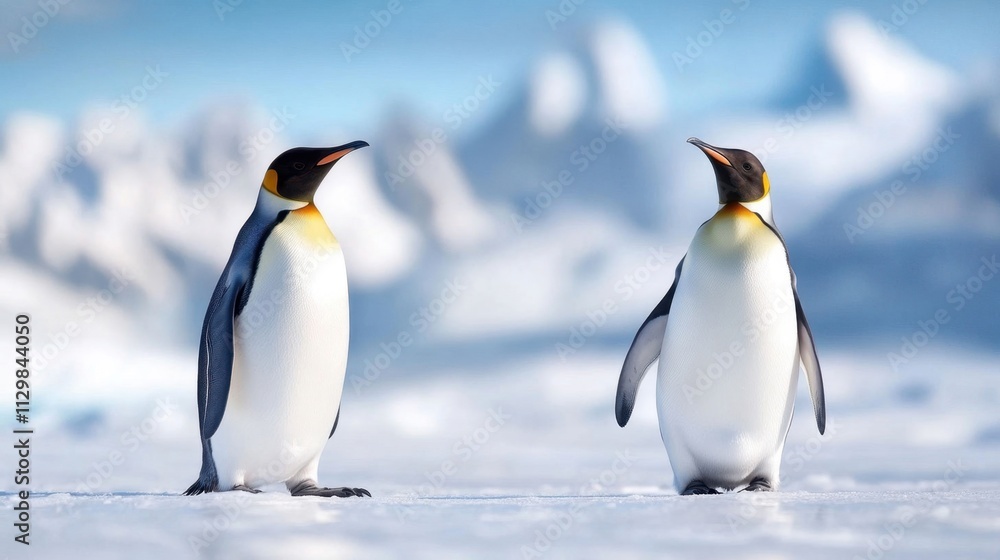 Fototapeta premium Two Emperor Penguins Standing on an Icy Landscape in Antarctica