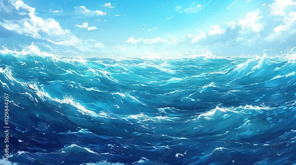 Fototapeta premium Ocean Waves Under a Bright Blue Sky with Fluffy White Clouds