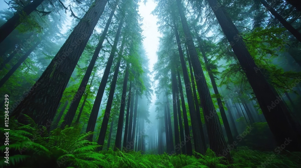 Fototapeta premium A serene forest landscape shrouded in mist, showcasing towering trees and lush greenery.
