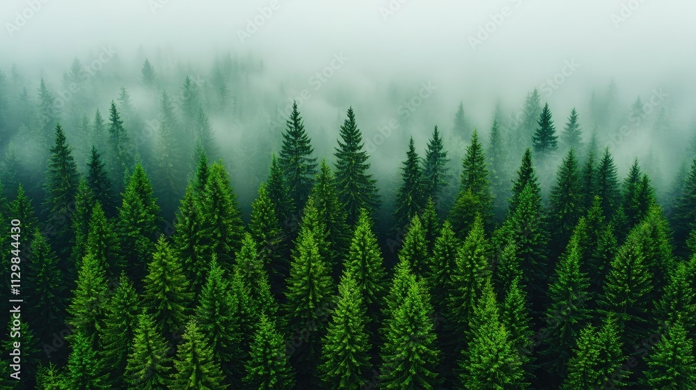 Fototapeta premium A serene aerial view of lush pine trees surrounded by misty fog in a tranquil forest.