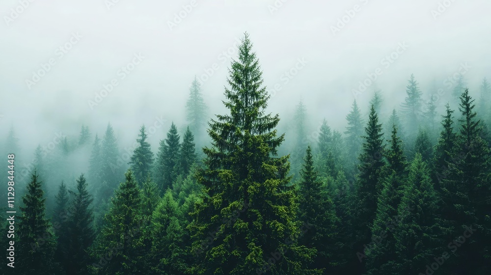 Serene misty forest with tall evergreen trees surrounded by lush greenery. Serene misty forest with tall evergreen trees surrounded by lush greenery.