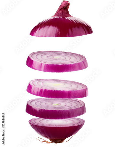 Falling chopped red onion isolated on white background with full depth of field with bold purple hues and natural beauty always seen.