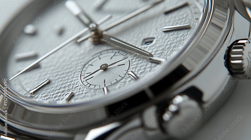 Close-up of elegant silver wristwatch with textured dial. Close-up of elegant silver wristwatch with textured dial.