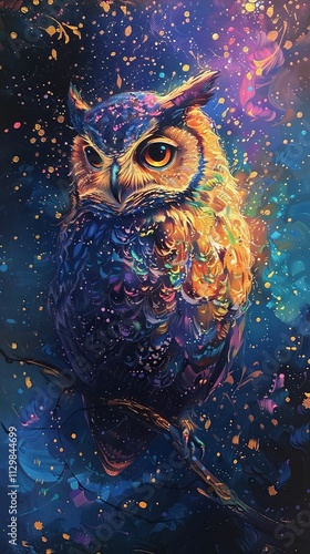 Colorful owl illustration in cosmic night sky