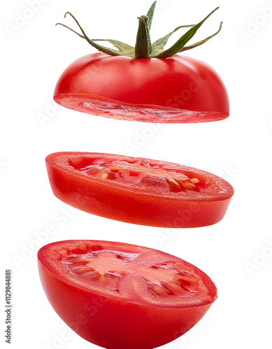 Falling chopped tomato isolated on white background with full depth of field showcasing juicy red texture and natural beauty always.