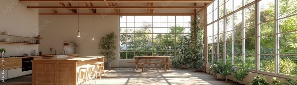 Modern Minimalist Kitchen with Abundant Natural Light and Greenery Modern Minimalist Kitchen with Abundant Natural Light and Greenery