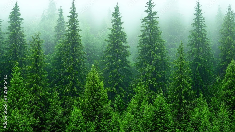 Obraz premium A serene forest landscape shrouded in mist, showcasing lush green pine trees.