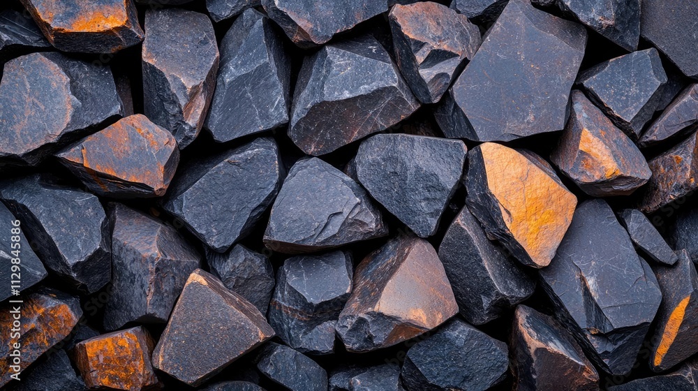 A close-up view of black and orange volcanic rocks showcasing unique textures and colors. A close-up view of black and orange volcanic rocks showcasing unique textures and colors.