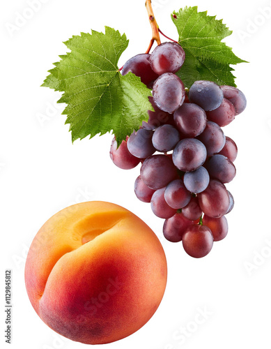 Falling grape and peach isolated on white background with full depth of field with juicy and sweet hues and natural beauty always seen.