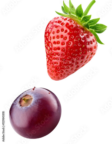Falling grape and strawberry isolated on white background with full depth of field highlighting juicy sweetness and natural beauty always found.