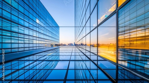 High-rise residential building, marble and glass, glass curtain wall reflecting the city skyline, Neoclassical residential architectural style, surrounded by a cluster of residential buildings, close-