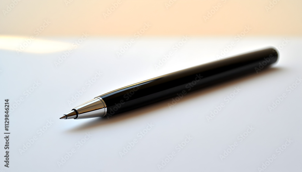A sleek black pen resting on a blank surface, ready for writing or drawing. A sleek black pen resting on a blank surface, ready for writing or drawing.