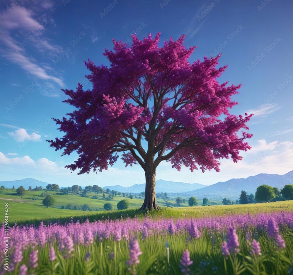 A beautiful purple tree blooms in a lush green field with a clear blue sky, clear blue sky, flower blooming, serene scenery A beautiful purple tree blooms in a lush green field with a clear blue sky, clear blue sky, flower blooming, serene scenery