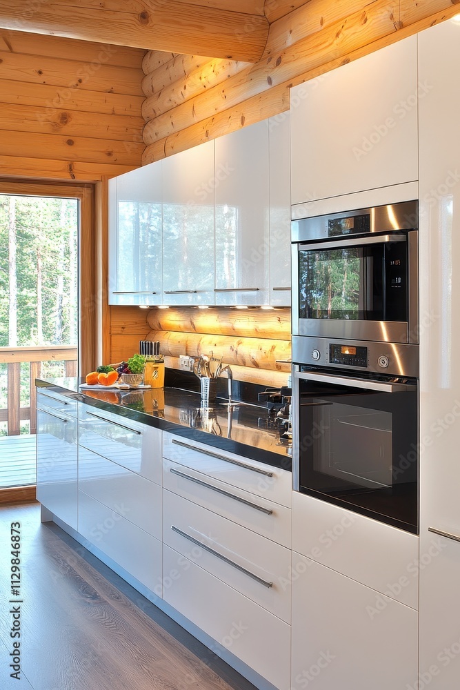 Fototapeta premium Modern White Kitchen in a Log Cabin Home