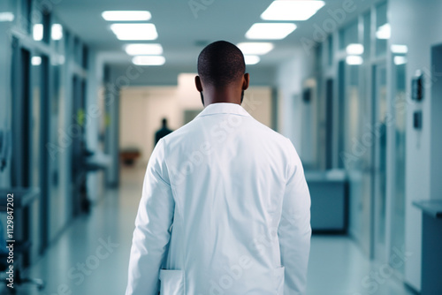 Medical professional strolling down a hospital hallway in a white lab coat.